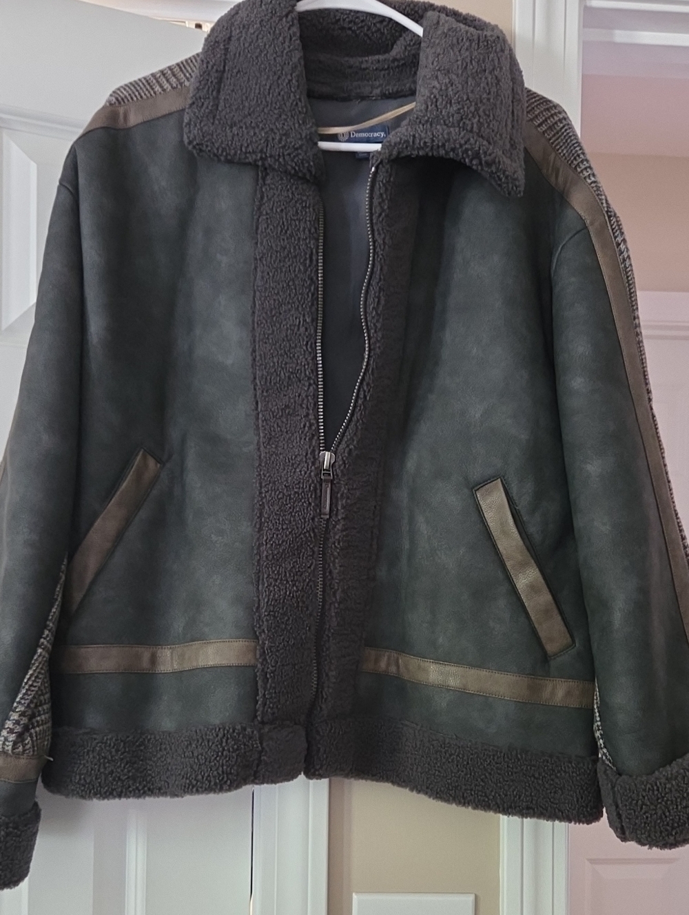 Democracy Womens Dark Gray Faux-Shearling Bomber Jacket